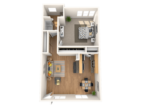 A top-down view of a small apartment with a living room, kitchen, and bathroom.
